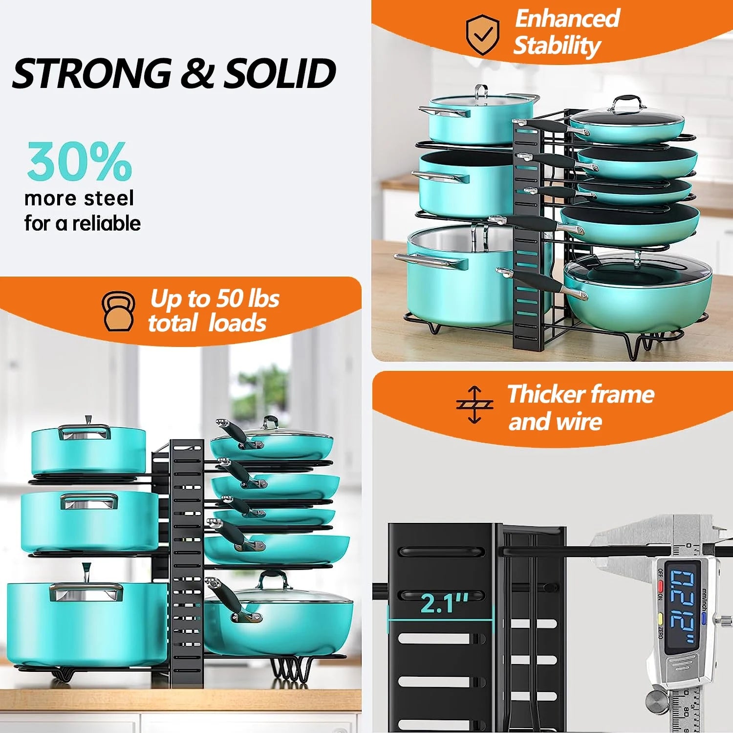 Pots and Pans Organizer Rack – 8-Tier Adjustable Heavy-Duty Metal Rack with 3 DIY Assembly Options & Anti-Slip Silicone Pads for Cabinet & Kitchen Storage