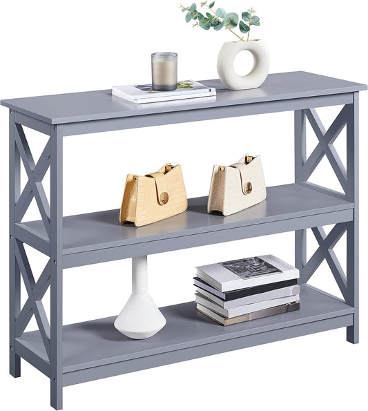 Narrow Console Table with 3-Tier Storage Shelves – Long Entryway or Sofa Side Table Bookshelf for Hallway, Living Room – Gray Accent Furniture