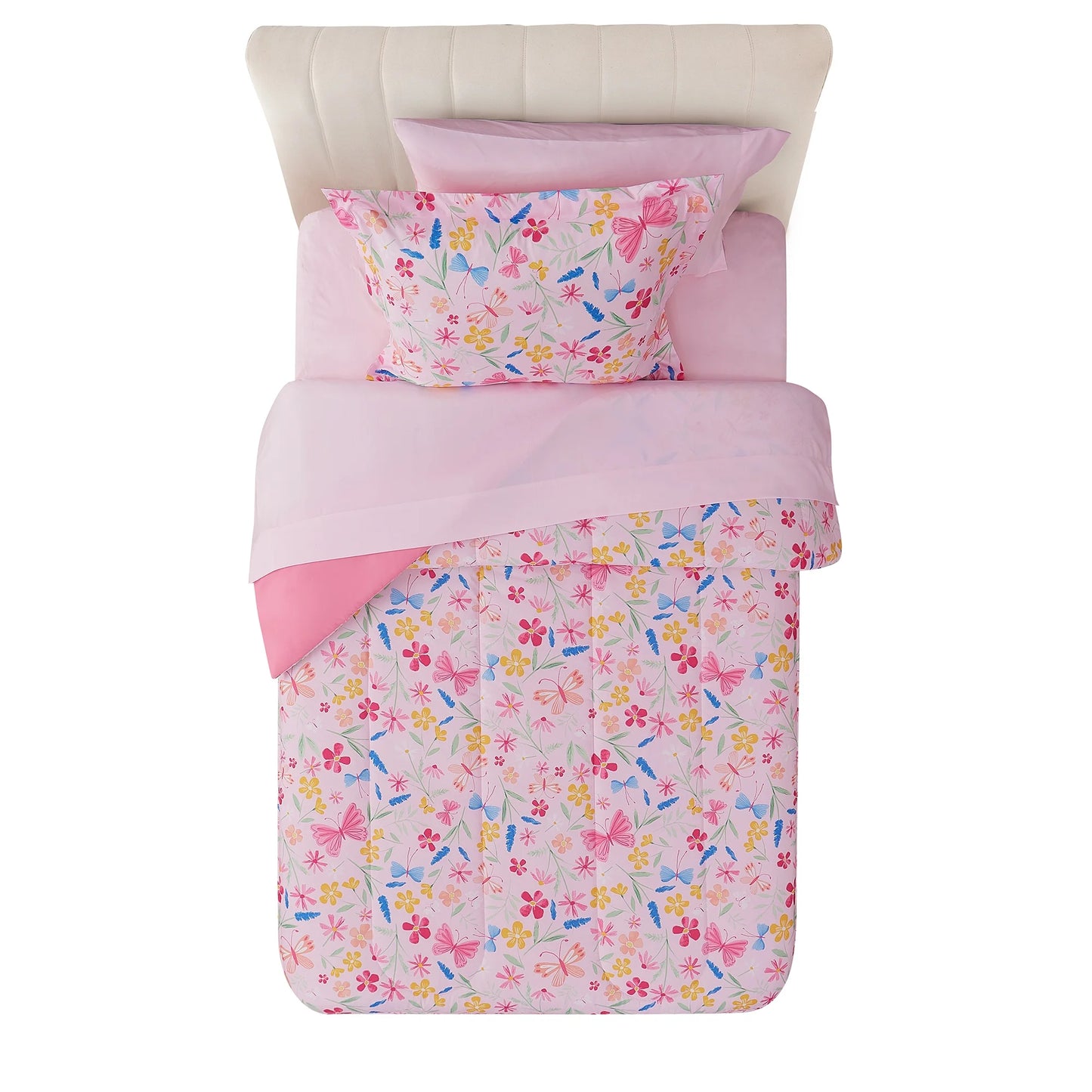 7-Piece Pink Wildflower Bedding Set for Girls – Full Size Floral Polyester Comforter Set with Shams & Decorative Pillows