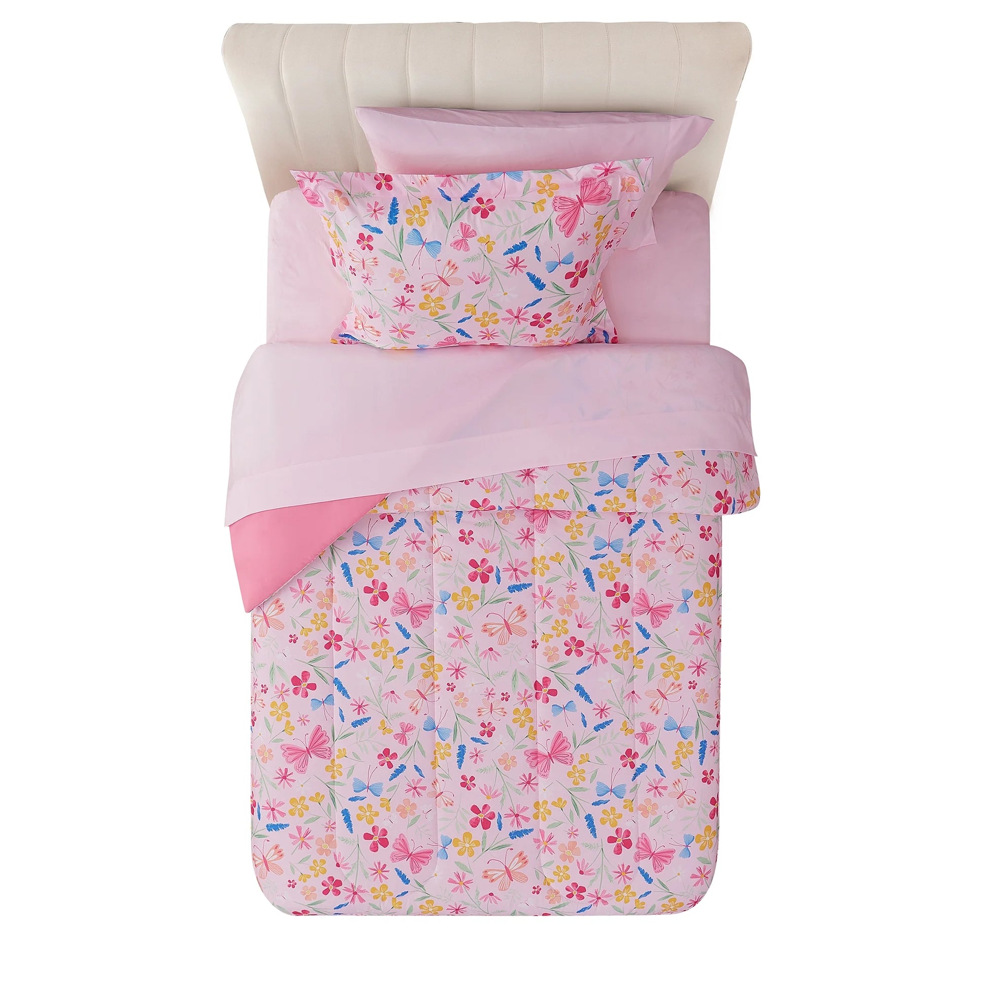 7-Piece Pink Wildflower Bedding Set for Girls – Full Size Floral Polyester Comforter Set with Shams & Decorative Pillows