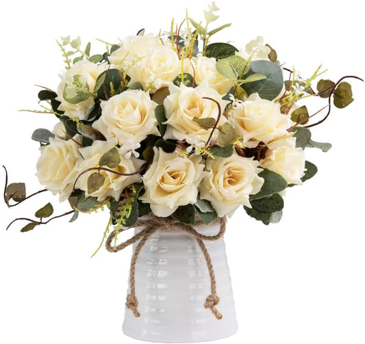 Artificial Rose Flower Bouquet with Vase – Faux Silk Roses in Champagne, Perfect for Home & Wedding Decor