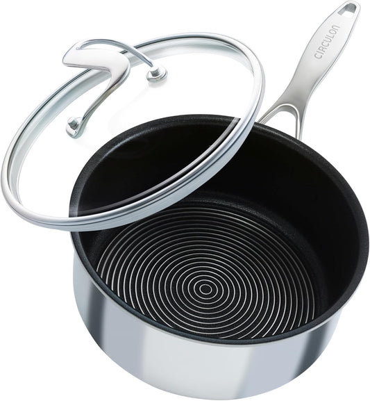 2-Quart Clad Stainless Steel Saucepan with Glass Lid – Hybrid SteelShield & Nonstick Technology – Silver