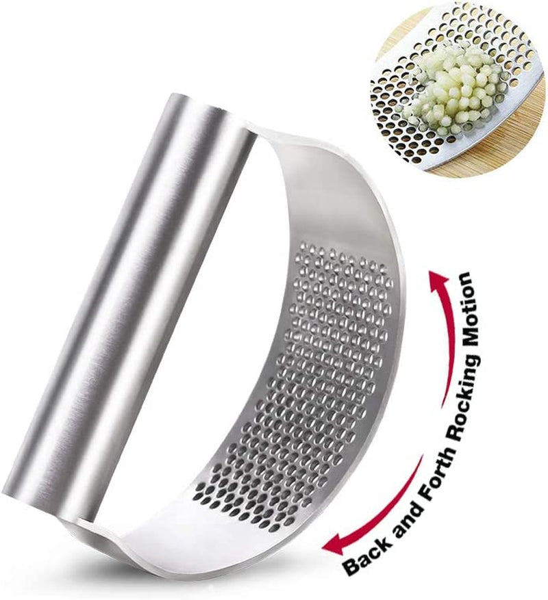 Stainless Steel Garlic Press Rocker Set – Garlic Mincer & Crusher with Ergonomic Handle, Silicone Peeler & Cleaning Brush – Easy-to-Use Kitchen Gadget