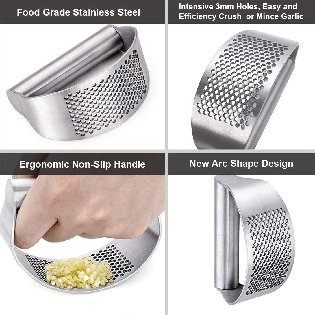 Stainless Steel Garlic Press Rocker Set – Garlic Mincer & Crusher with Ergonomic Handle, Silicone Peeler & Cleaning Brush – Easy-to-Use Kitchen Gadget