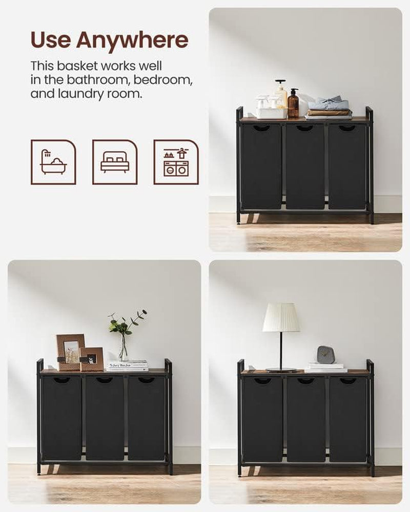 Laundry Hamper, Laundry Basket, Laundry Sorter with 3 Pull-Out and Removable Bags, Shelf, Metal Frame, 3 X 10.6 Gallons (40 L), 36.4 X 13 X 28.4 Inches, Ink Black and Rustic Brown UBLH301B01V1