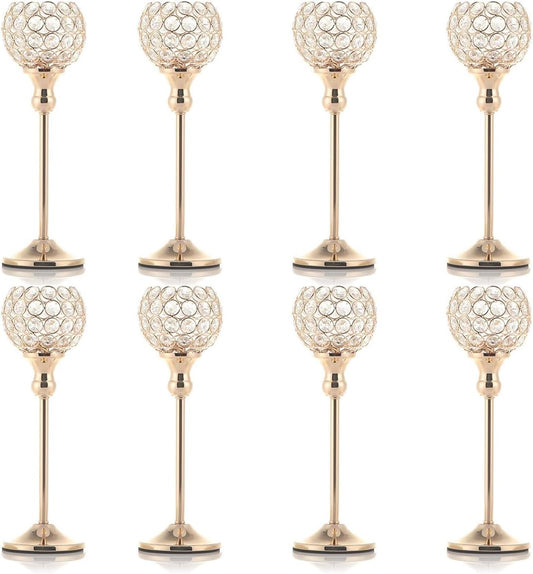 8PCS Gold Crystal Tea Light Candle Holders – Rhinestone Decorative Tray Set for Weddings & Parties