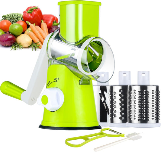 Rotary Cheese Grater & Vegetable Shredder with 3 Interchangeable Blades – Hand Crank Mandoline Slicer (Green)
