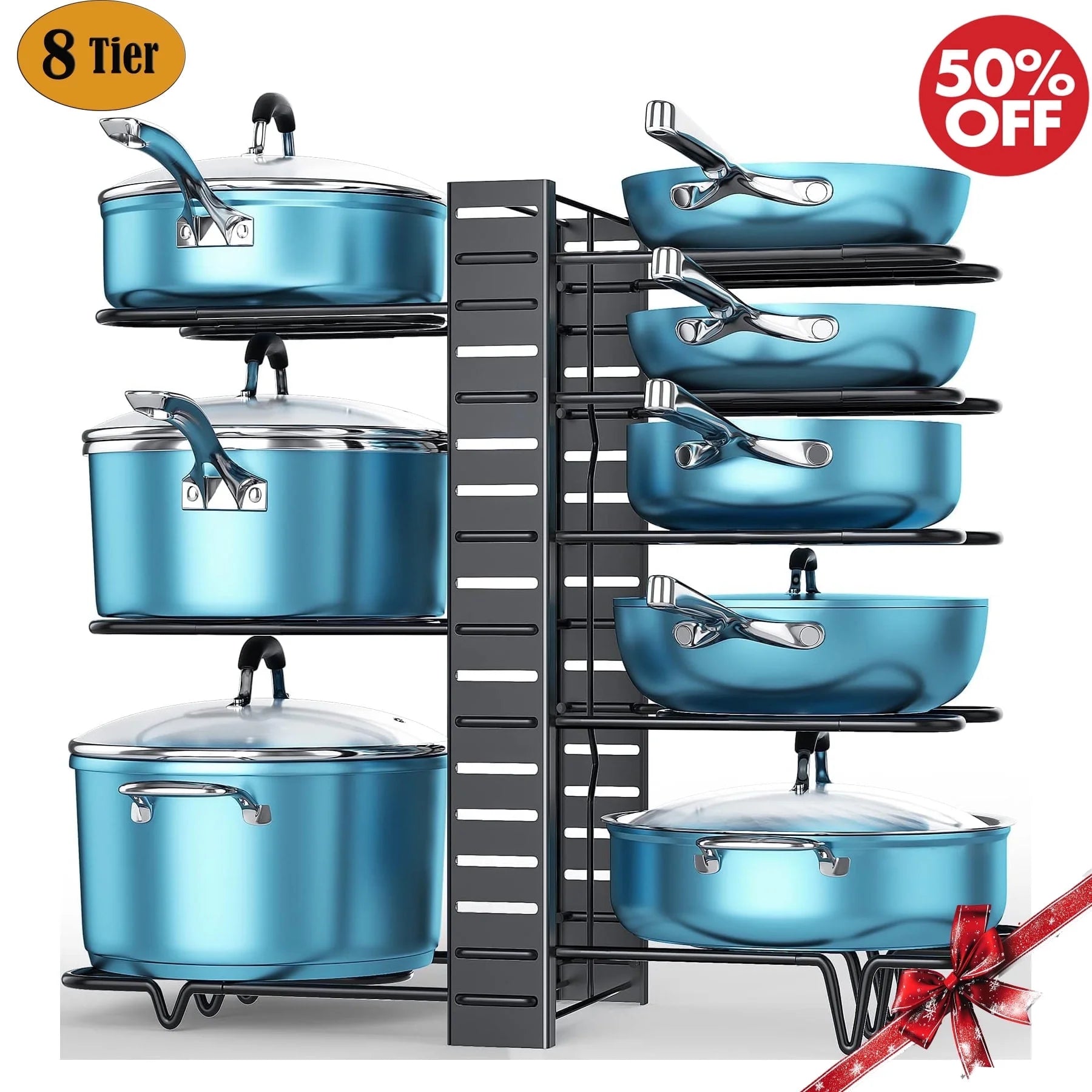 8-Tier Pot and Pan Organizer Rack – Adjustable Cookware Storage Stand with Pot Lid Holder for Kitchen Cabinet Organization