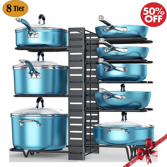 8-Tier Pot and Pan Organizer Rack – Adjustable Cookware Storage Stand with Pot Lid Holder for Kitchen Cabinet Organization