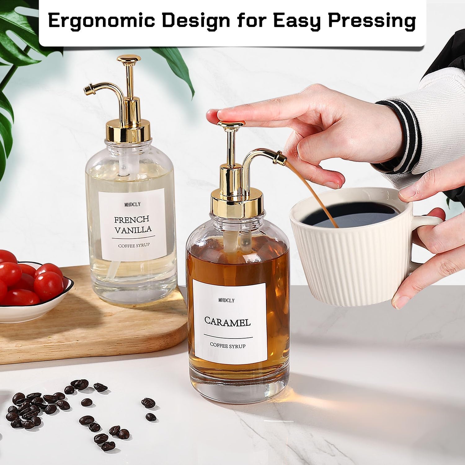 Coffee Syrup Dispenser Set – 4 Pack 16.9 Oz Bottles with Gold Pumps & Labels, Refillable Coffee Bar Accessories for Flavored Syrups